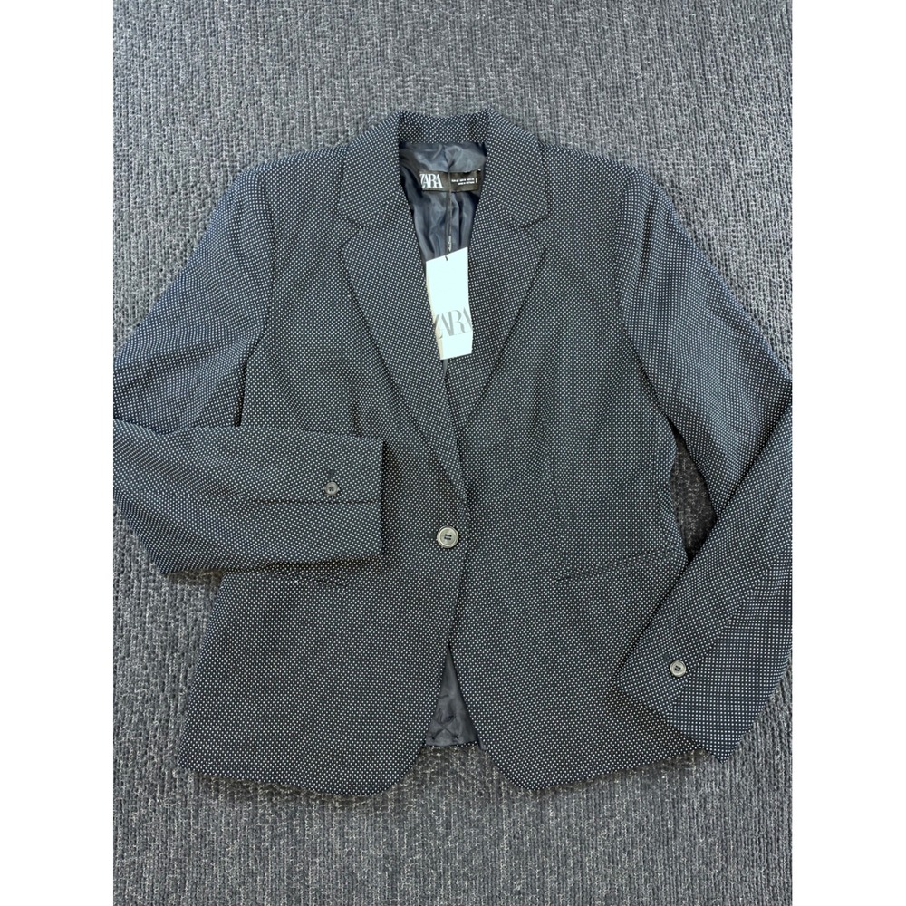 Zara Women Navy Blue White Polka Dot Single Button Blazer Jacket Size 10